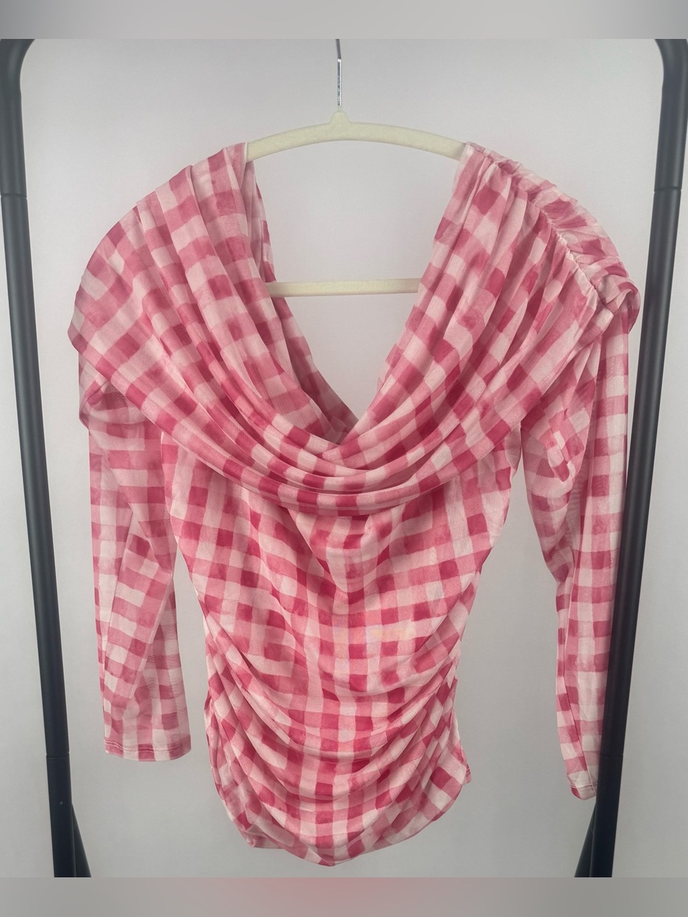 Maeve Aleda Mesh Off Shoulder Pink Plaid Ruched Top NWT Size L Anthropologie - Picture 6 of 8